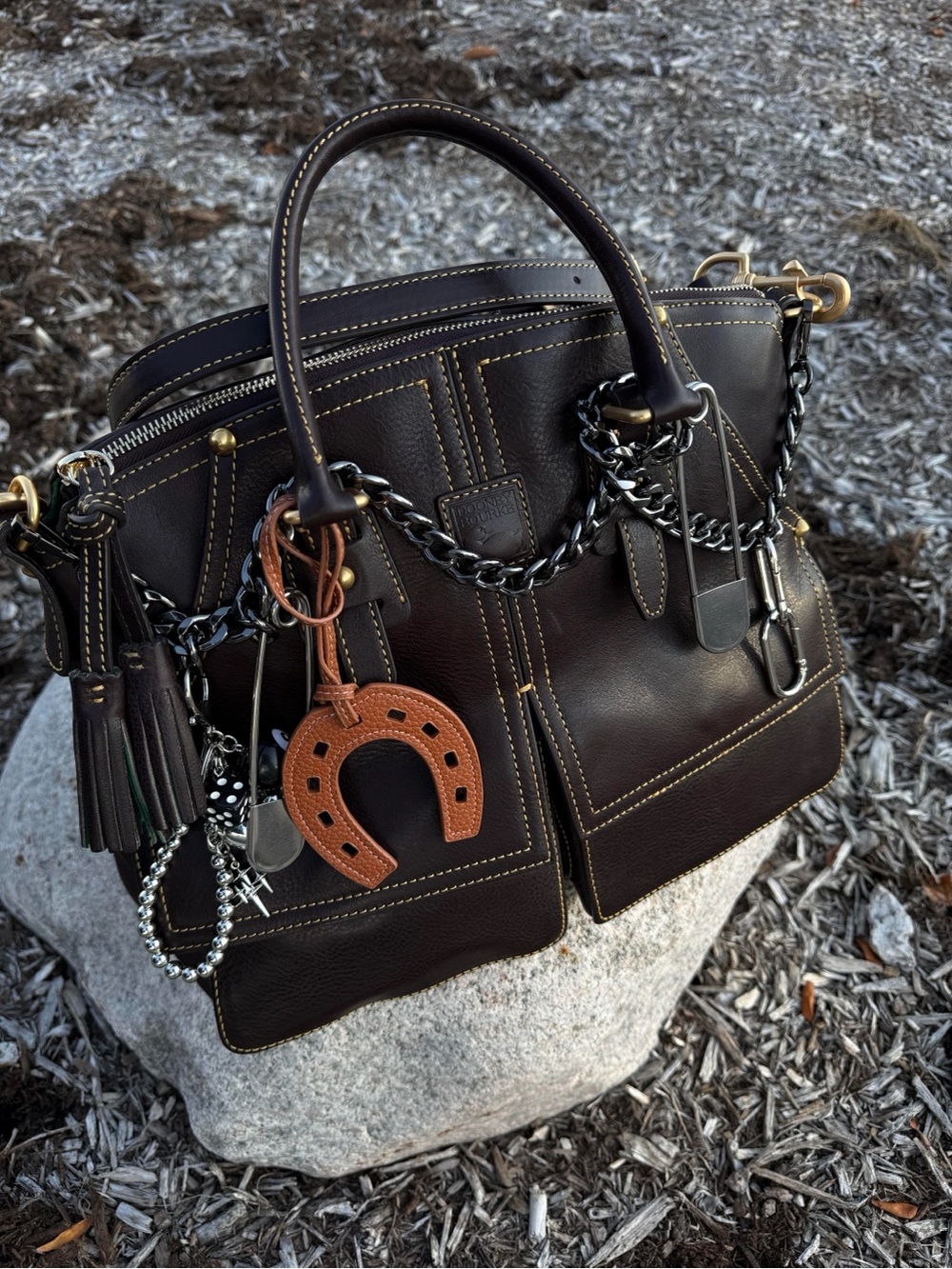 Dooney & Bourke Clayton Black Leather Double Pocket Satchel with Tassel